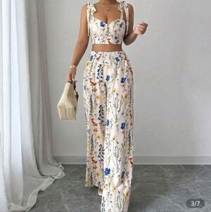 SHEIN Floral Print Wide Leg Jumpsuit - Cream and Blue